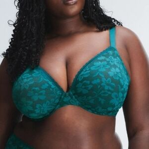 Sz 36DDD Savage X Fenty Lavish Lace Unlined Plunge Bra Green Demeanor